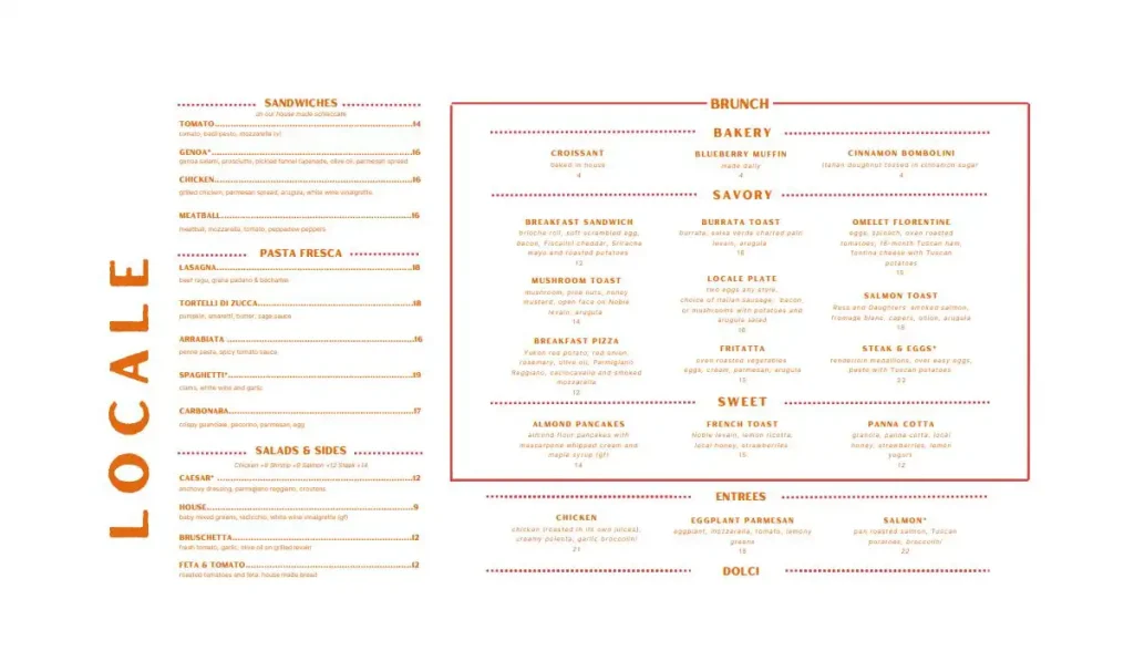 Locale Neighborhood Italian Restaurant Menu with Prices