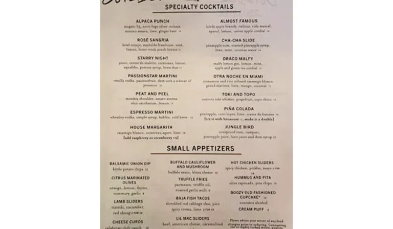 The Outsider Restaurant Menu with Prices