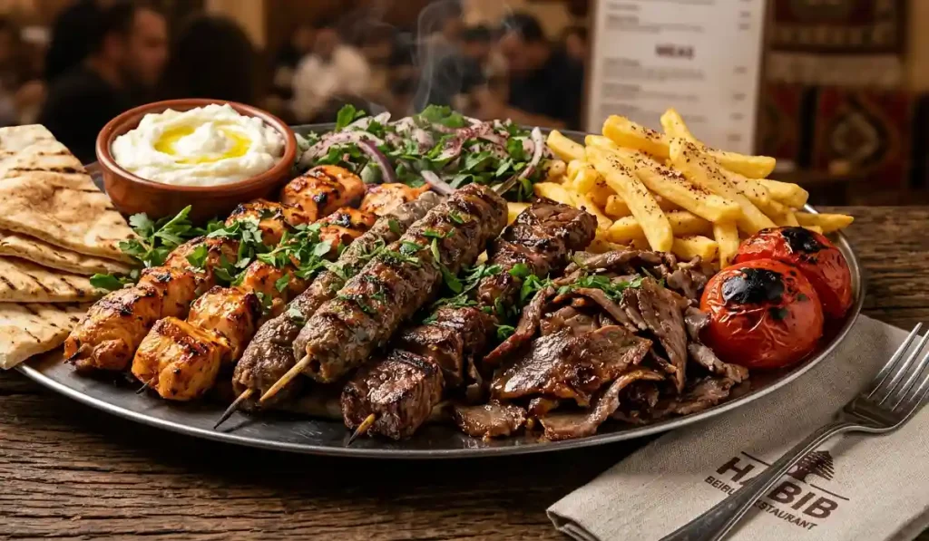 Best Dishes to Order at Habib Beirut - A close-up of a juicy mixed grill platter with hot fries, grilled tomatoes, and garlic paste.