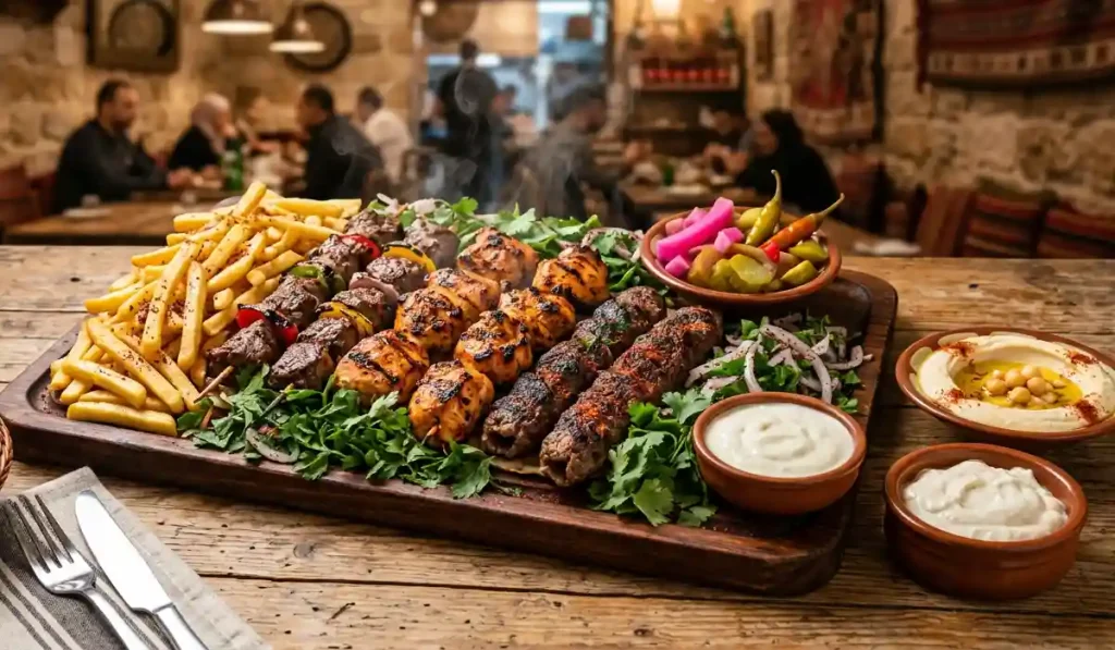 Habib Beirut Mixed Grill Platter - A large, tempting platter of grilled chicken, beef skewers, lamb kebabs, fries, and fresh parsley.