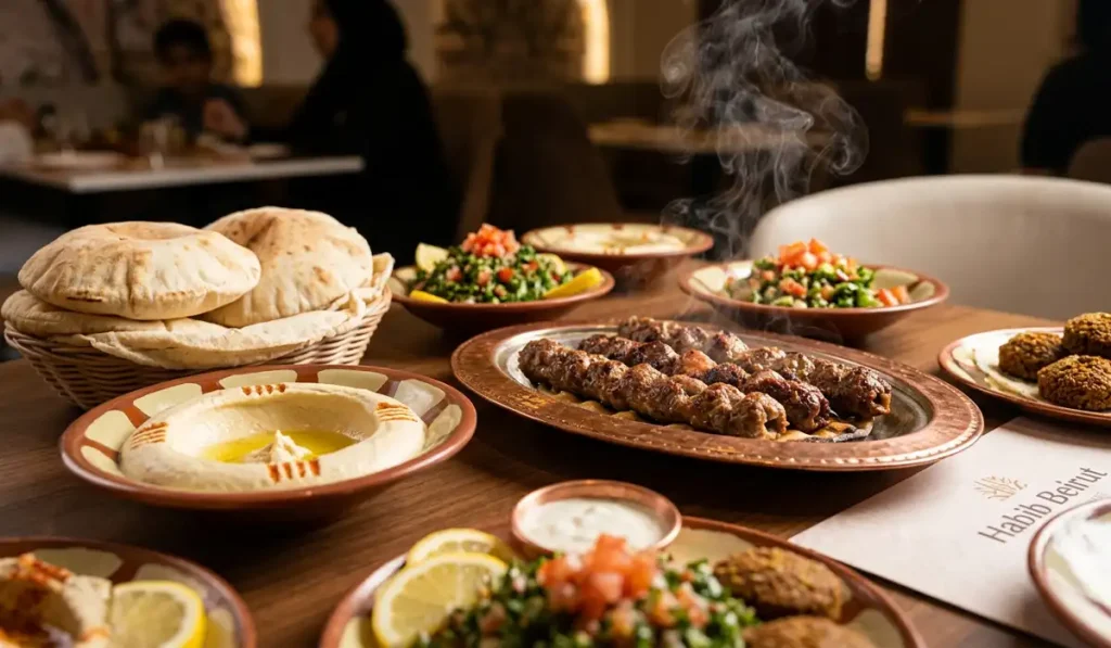 Habib Beirut Restaurant Menu - A table full of fresh Lebanese food like hummus, fresh pita bread, and grilled meat skewers.