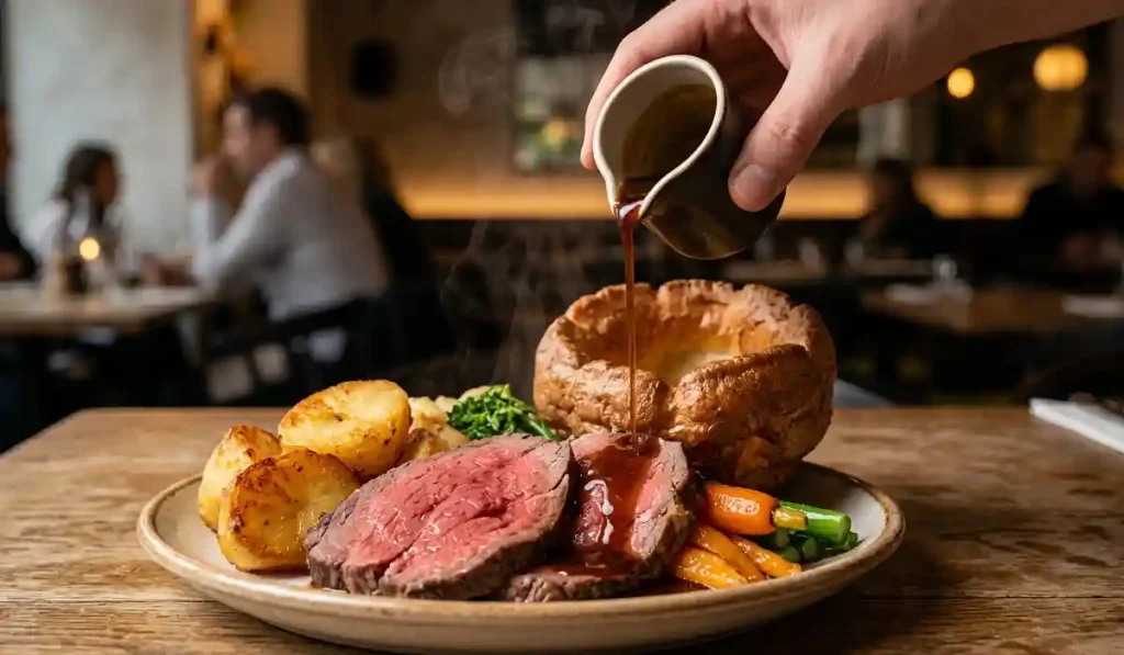 Fallow Sunday roast dinner - A large plate with beef, Yorkshire pudding, and dark gravy