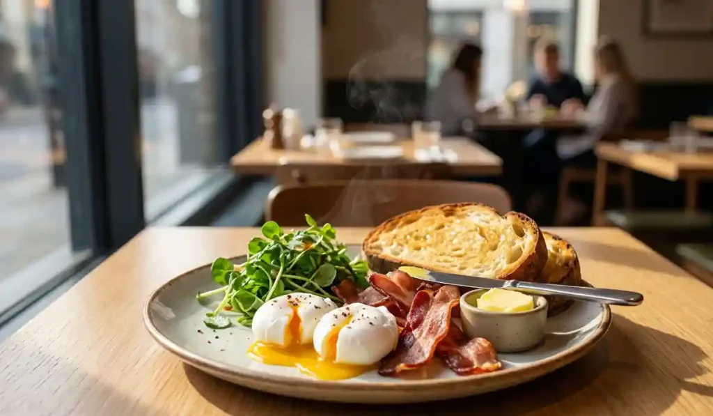 Fallow restaurant breakfast plate - A plate of eggs, bacon, and toast on a nice table