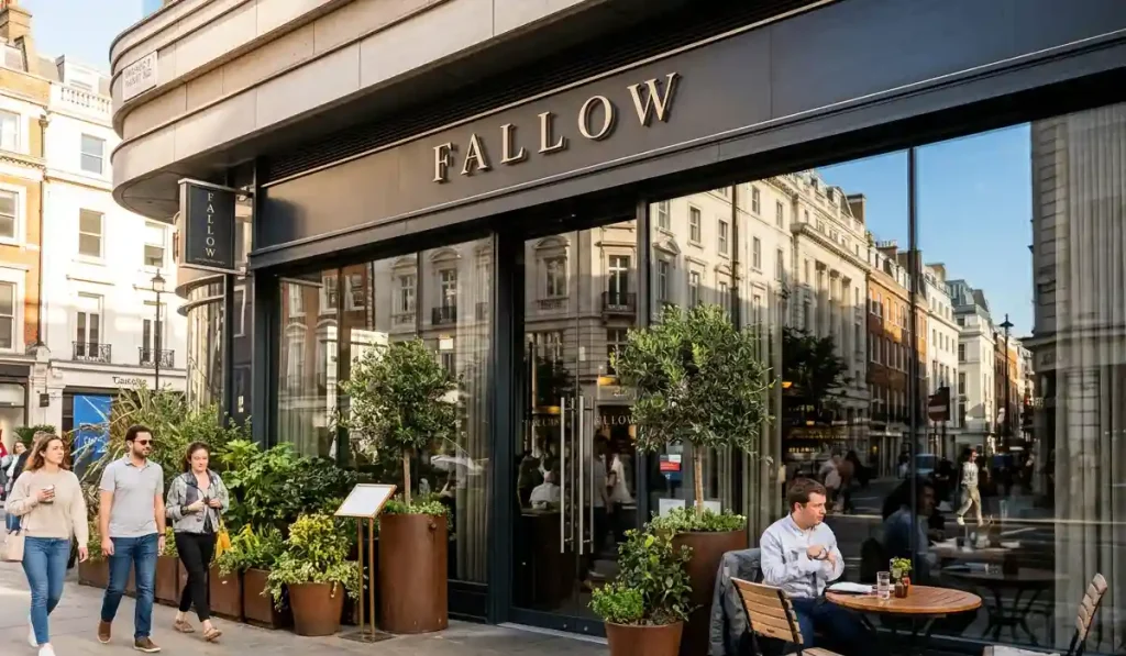 Fallow restaurant front exterior in London - A bright sunny day showing the front door and sign