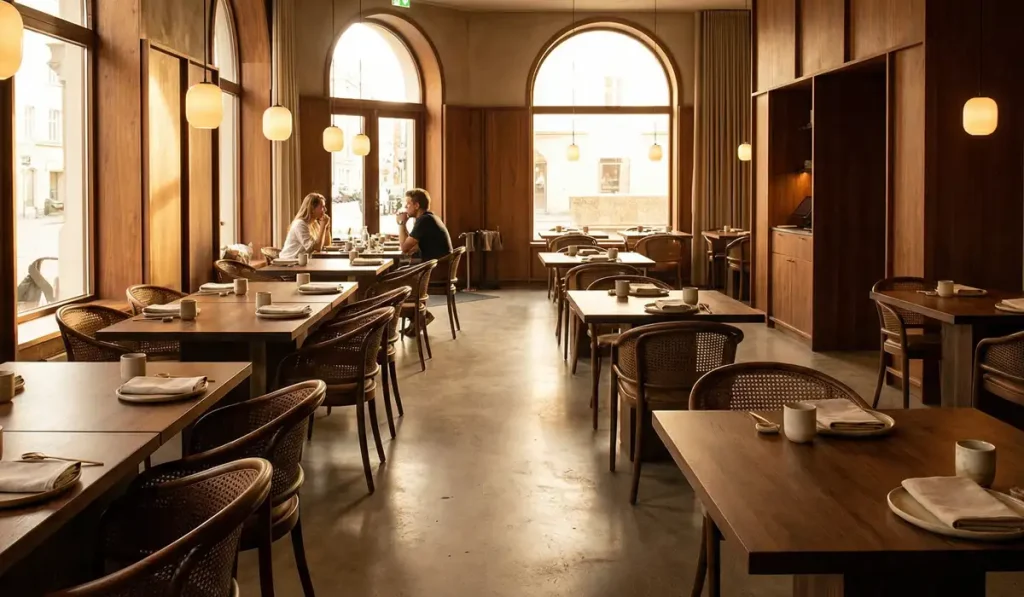 A bright, well-lit photo of the Ikoyi restaurant dining room showing modern tables and warm lighting.