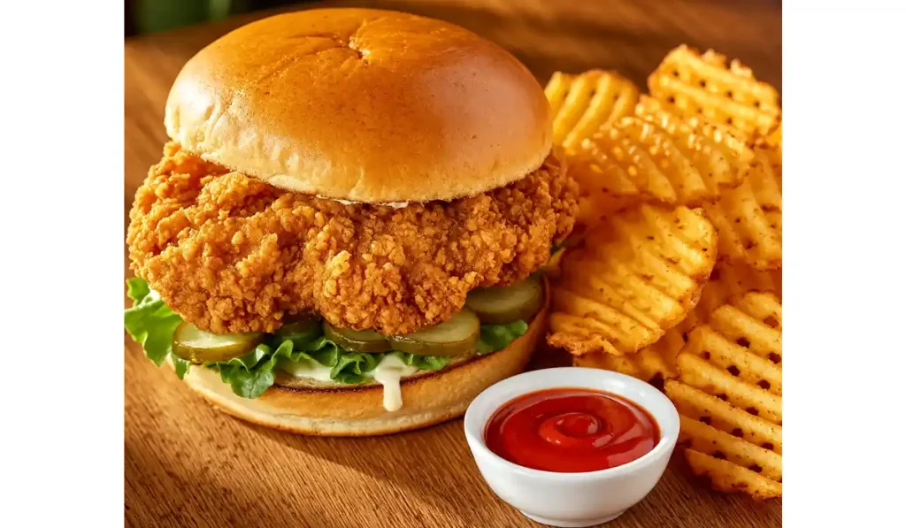 A crispy chicken sandwich with waffle fries and red sauce