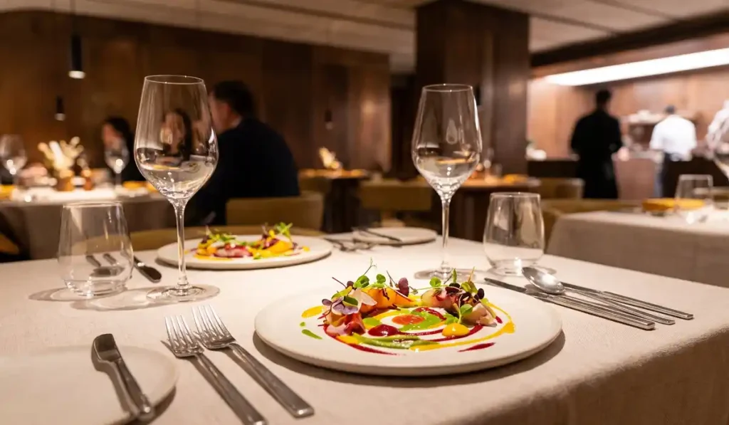  A beautiful dining table set up at Ikoyi featuring elegant wine glasses and a colorful, artistic appetizer.